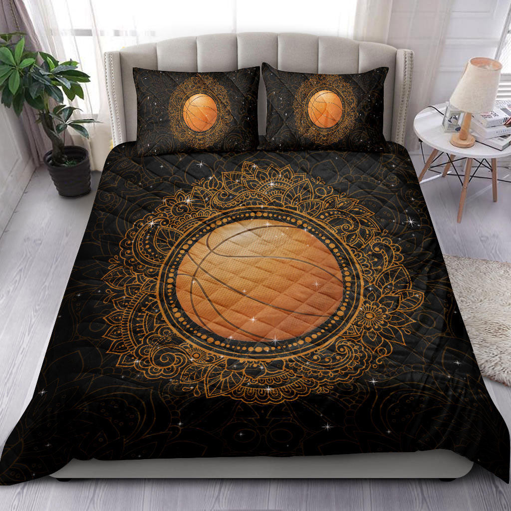 Basketball Quilt Set, Basketball Ball Mandala Orange Black Quilt Blanket With Pillowcases, Quilt Bedding Set