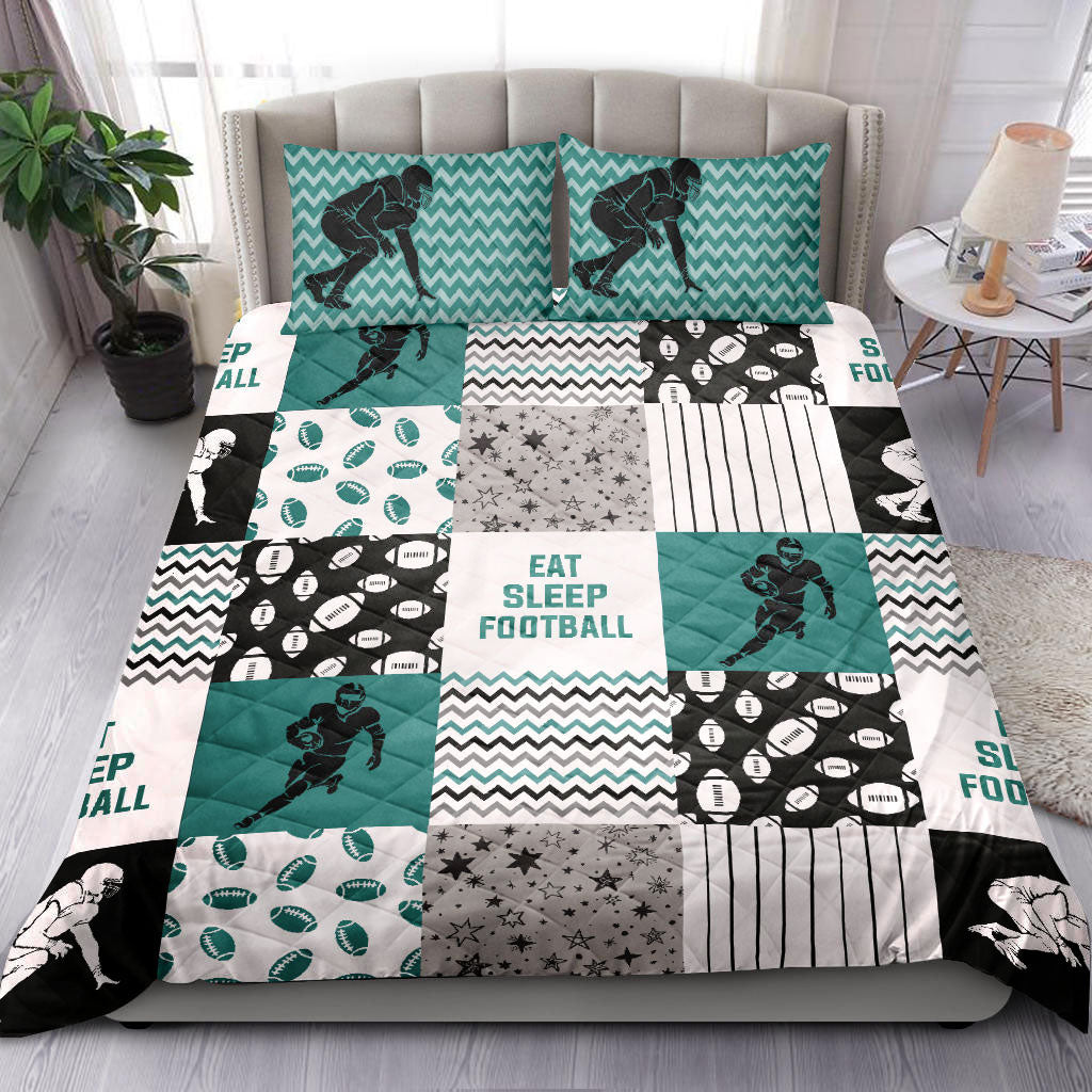 Football Quilt Set, America Football Boy Eat Sleep Football Patchwork Green Quilt Blanket With Pillowcases, Quilt Bedding Set