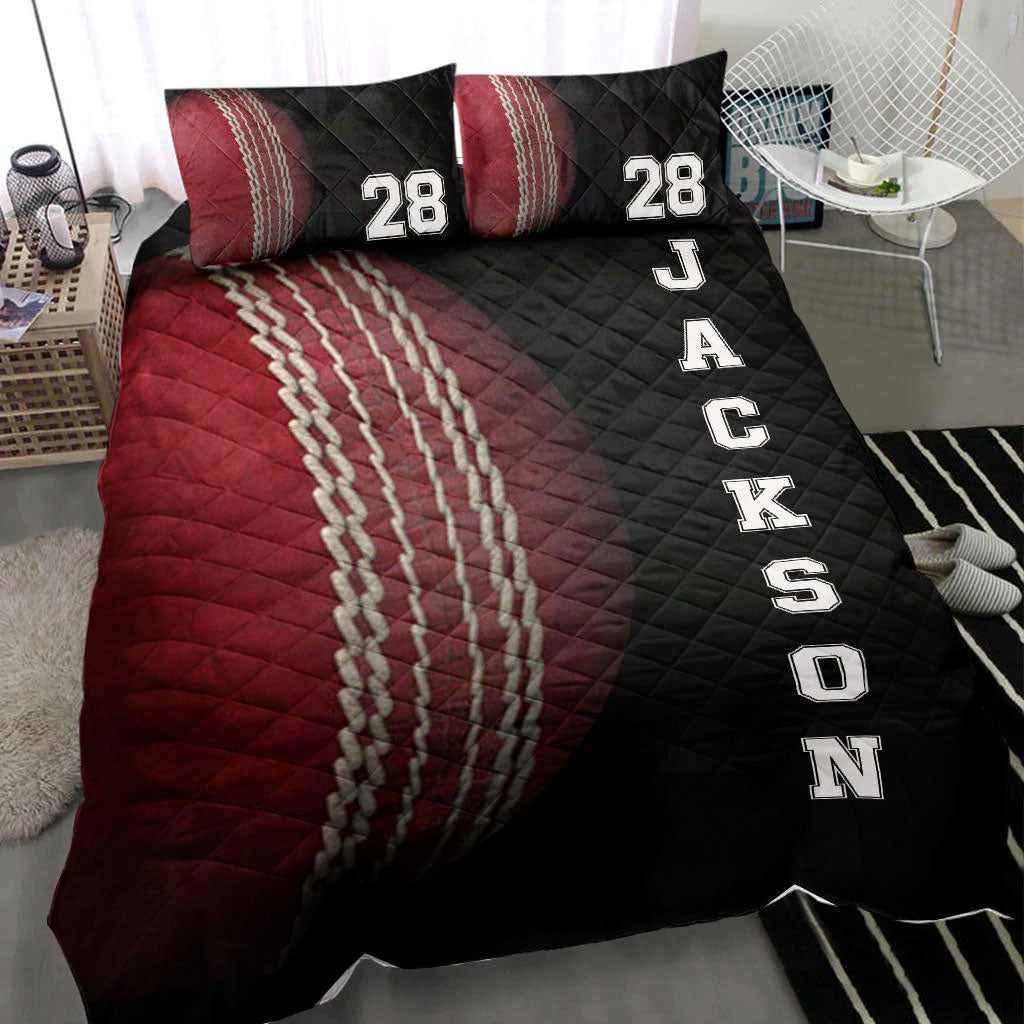 Personalized Cricket Quilt Set, Cricket Ball Black Quilt Blanket With Pillowcases, Custom Name and Number Quilt Bedding Set