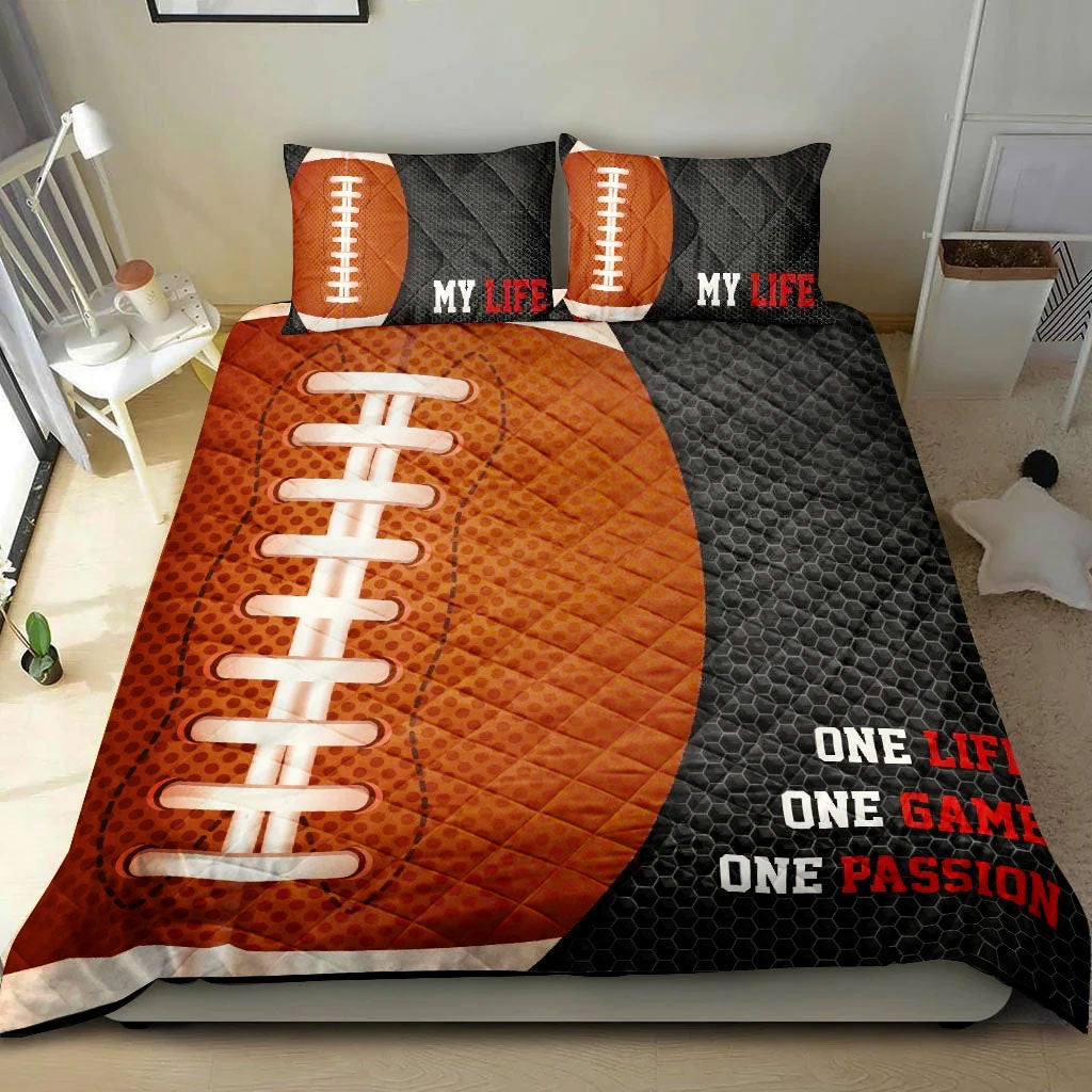 Football Quilt Set, America Football Ball Pasion Black Quilt Blanket With Pillowcases, Quilt Bedding Set