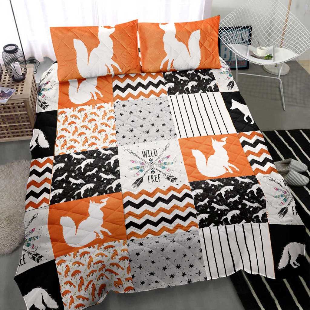 Fox Quilt Set, Patchwork Wild Fox Orange Quilt Blanket With Pillowcases, Quilt Bedding Set