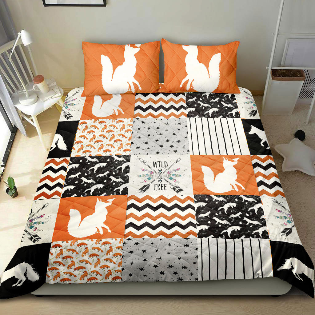 Fox Quilt Set, Patchwork Wild Fox Orange Quilt Blanket With Pillowcases, Quilt Bedding Set