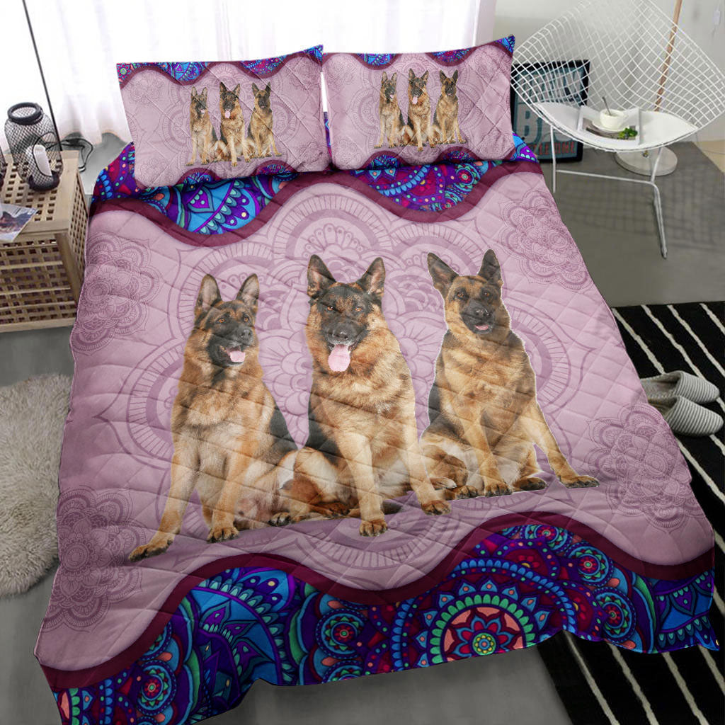 German Shepherd Quilt Set, German Shepherd Pink Blue Mandala Quilt Blanket With Pillowcases, Quilt Bedding Set