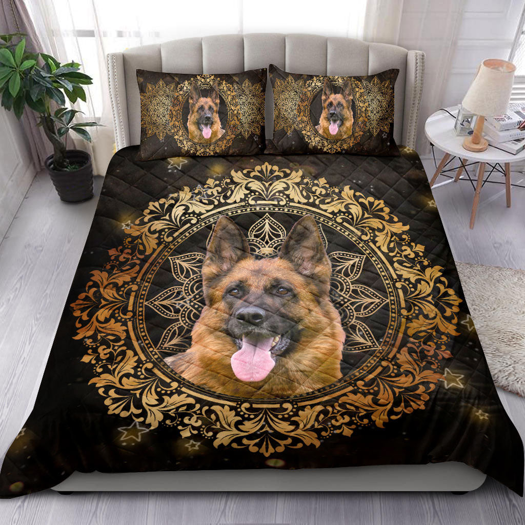 German Shepherd Quilt Set, German Shepherd Dog Mandala Black Golden Quilt Blanket With Pillowcases, Quilt Bedding Set