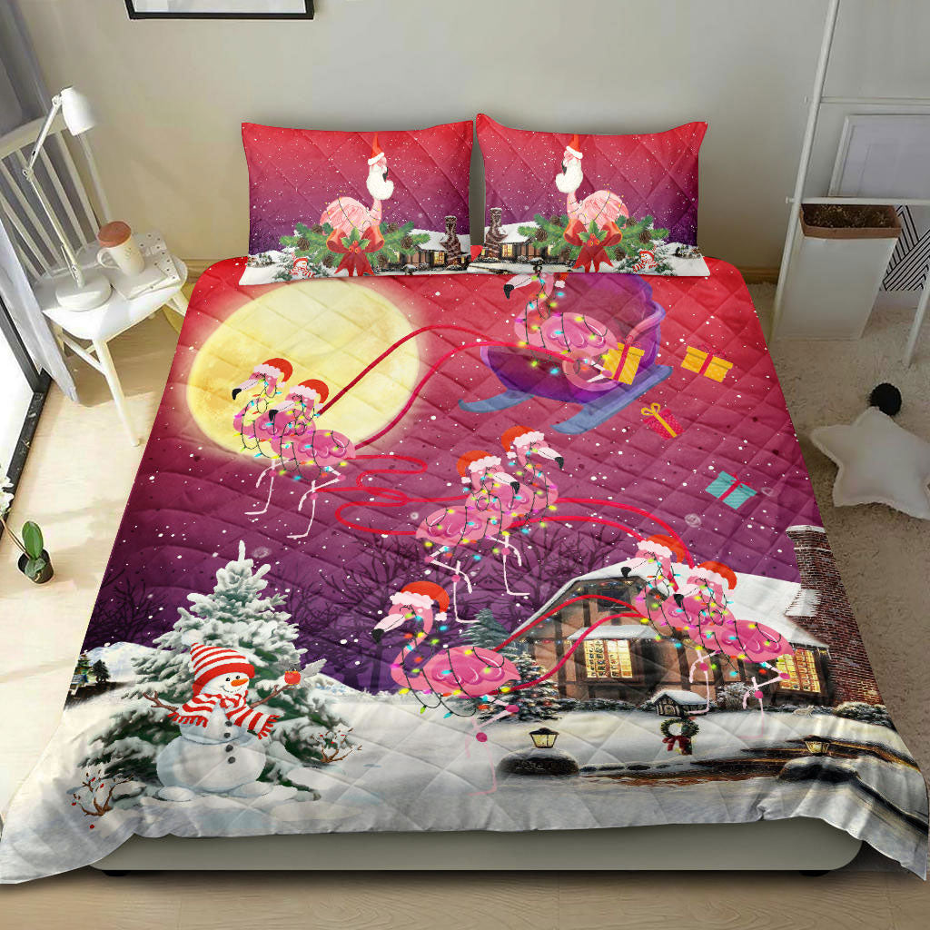 Flamingo Quilt Set, Flamingo Merrymas Xmas Night Winter Snow Quilt Blanket With Pillowcases, Quilt Bedding Set, Christmas Gift