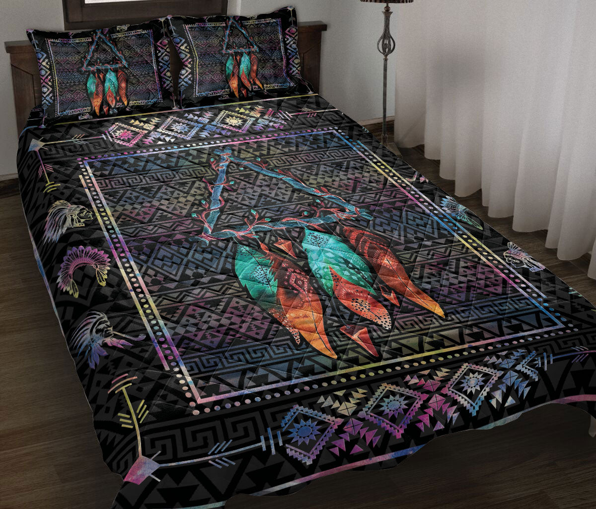 Native American Quilt Set, Turquoise Dragonfly I Love You To The Moon And Back Dragonfly Quilt Blanket With Pillowcases, Quilt Bedding Set