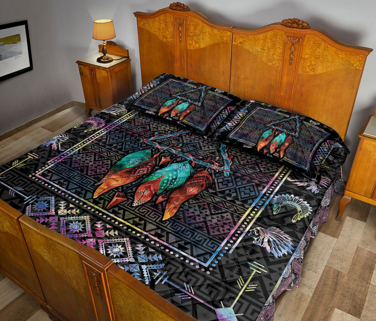 Native American Quilt Set, Turquoise Dragonfly I Love You To The Moon And Back Dragonfly Quilt Blanket With Pillowcases, Quilt Bedding Set