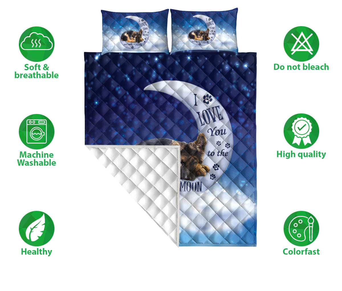German Shepherd Quilt Set, German Shepherd Dog I Love You To The Moon And Back Dog Puppy Quilt Blanket With Pillowcases, Quilt Bedding Set