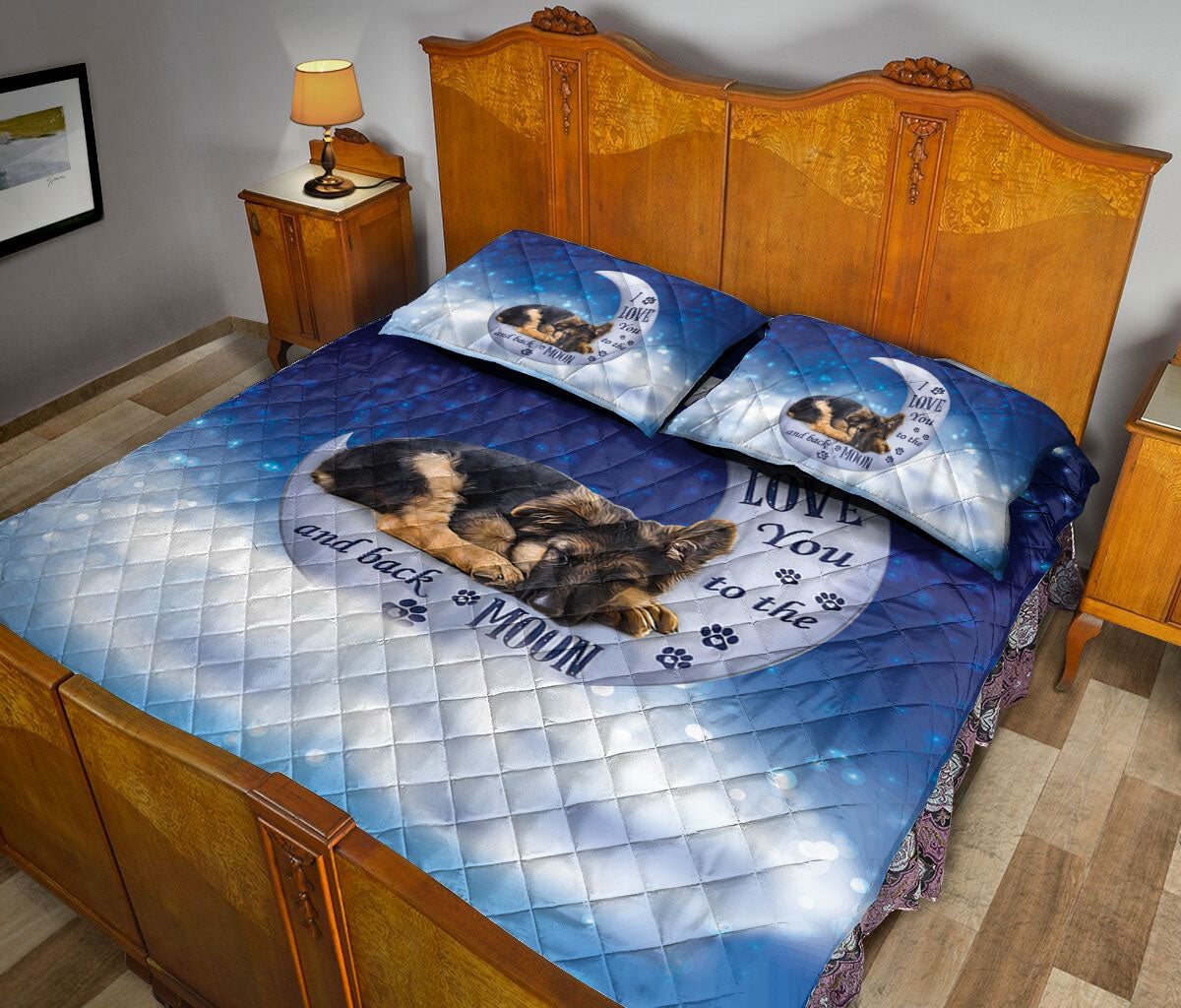 German Shepherd Quilt Set, German Shepherd Dog I Love You To The Moon And Back Dog Puppy Quilt Blanket With Pillowcases, Quilt Bedding Set