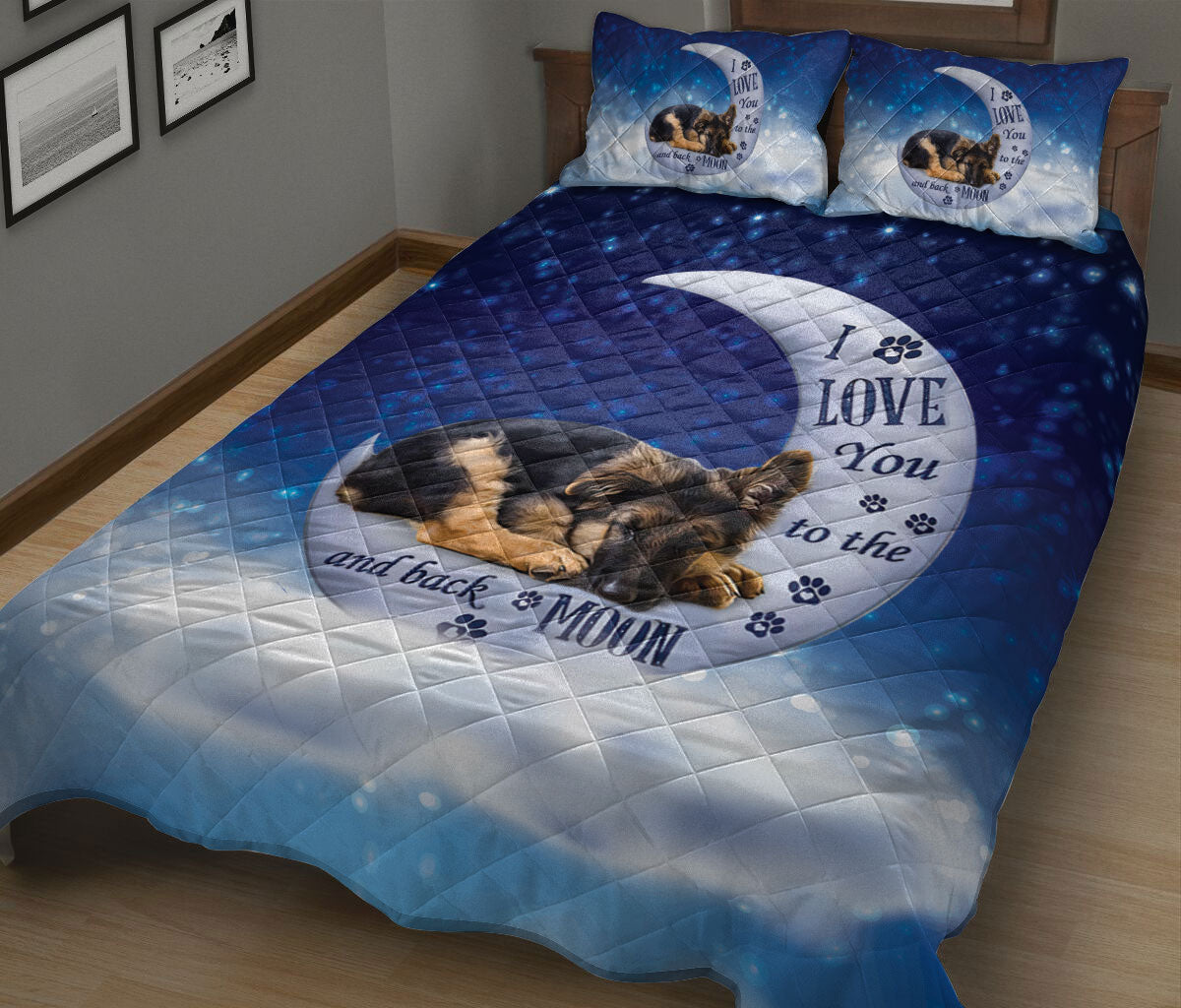 German Shepherd Quilt Set, German Shepherd Dog I Love You To The Moon And Back Dog Puppy Quilt Blanket With Pillowcases, Quilt Bedding Set