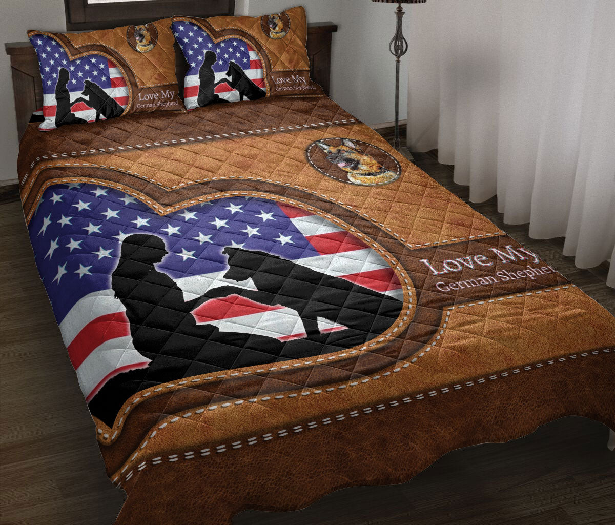 German Shepherd Quilt Set, Love My German Shepherd Dog Dog Owner Heart Quilt Blanket With Pillowcases, Quilt Bedding Set