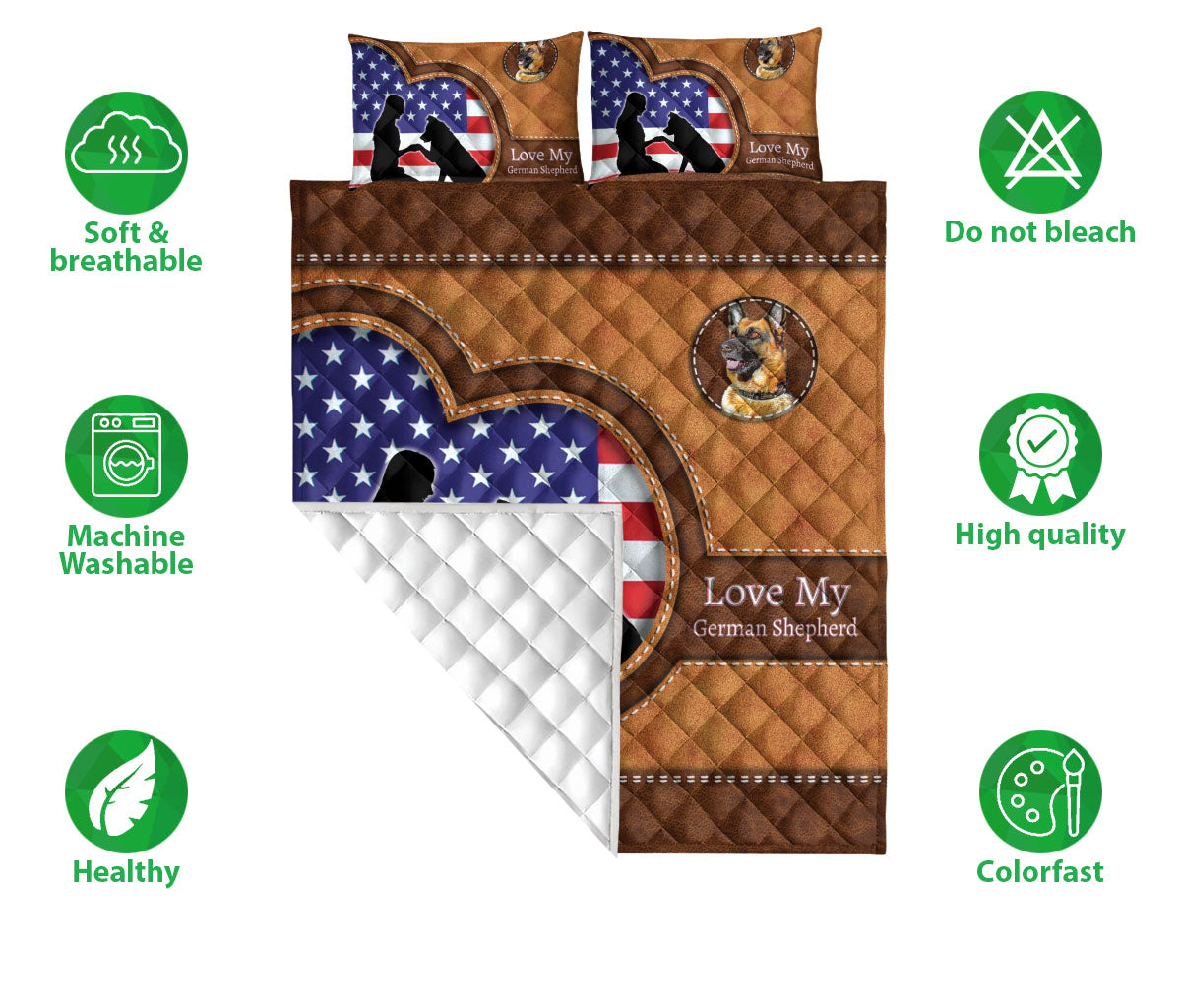German Shepherd Quilt Set, Love My German Shepherd Dog Dog Owner Heart Quilt Blanket With Pillowcases, Quilt Bedding Set