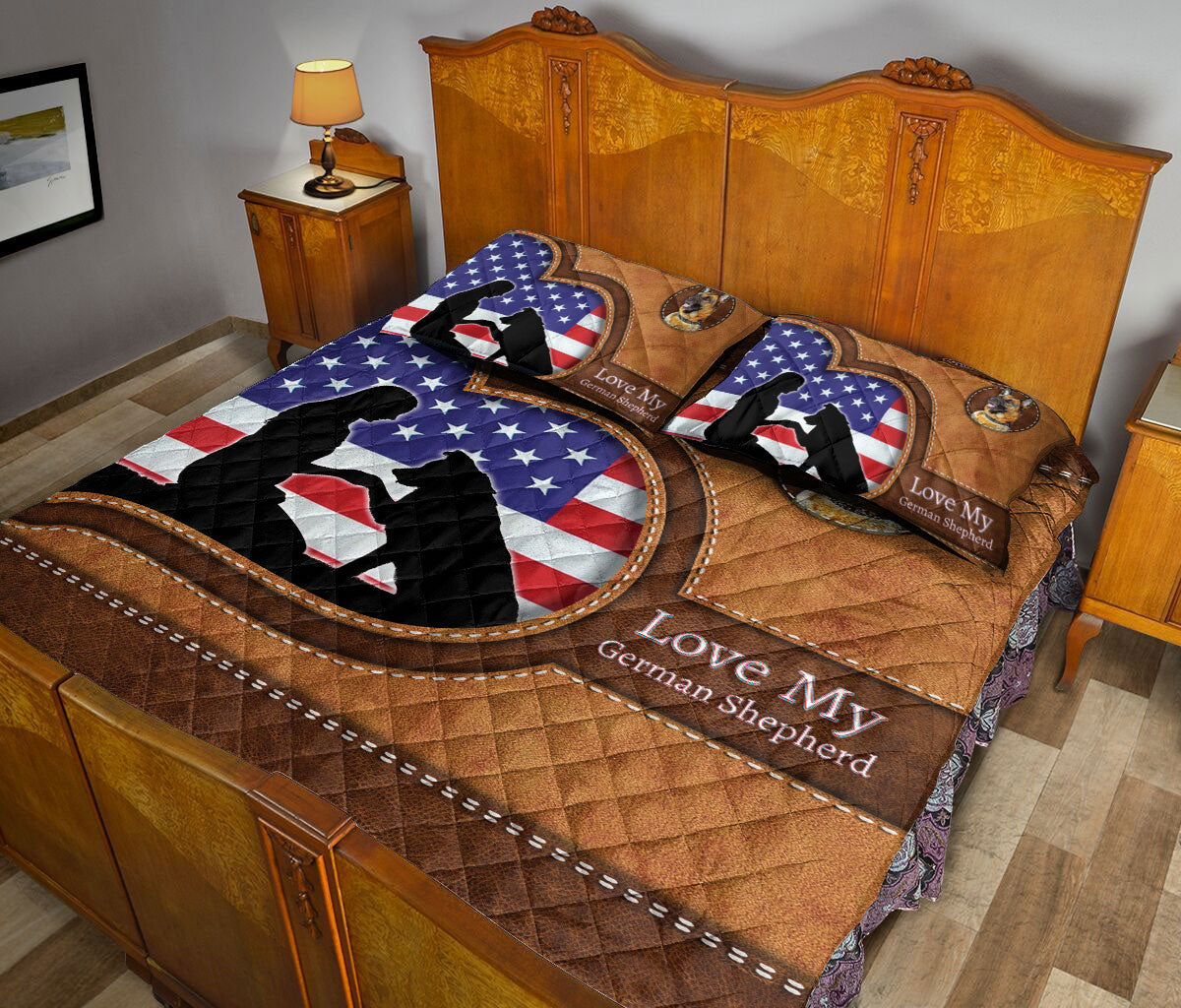 German Shepherd Quilt Set, Love My German Shepherd Dog Dog Owner Heart Quilt Blanket With Pillowcases, Quilt Bedding Set