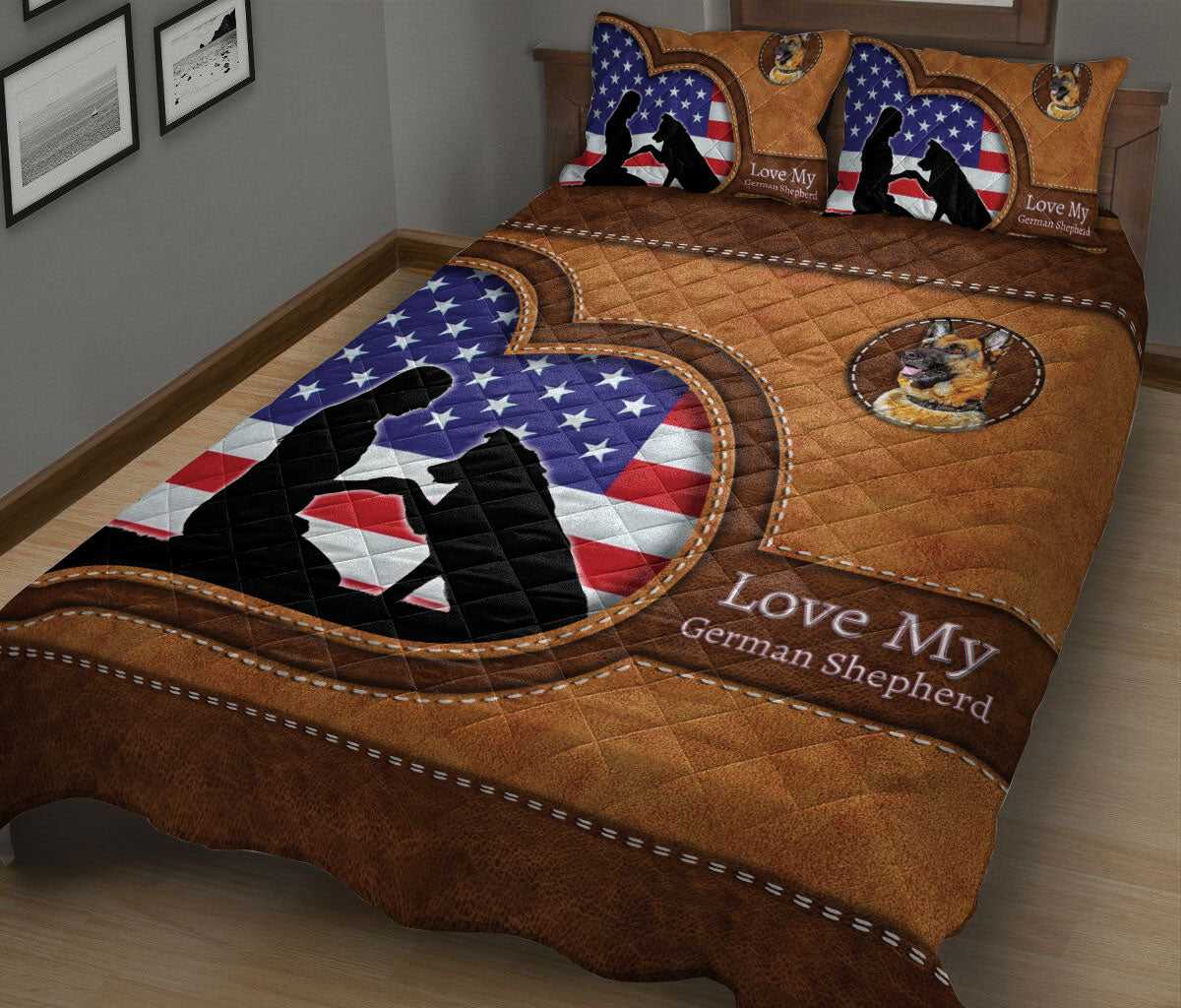 German Shepherd Quilt Set, Love My German Shepherd Dog Dog Owner Heart Quilt Blanket With Pillowcases, Quilt Bedding Set