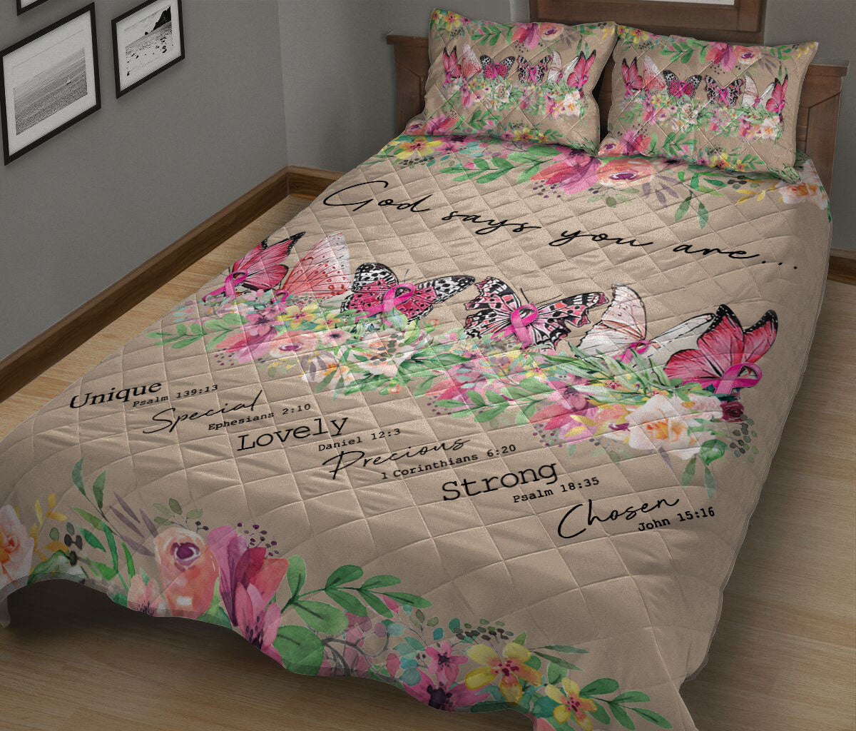 Breast Cancer Quilt Set, Breast Cancer God Says You Are Butterly Pink Floral Get Well Soon Quilt Blanket With Pillowcases, Quilt Bedding Set