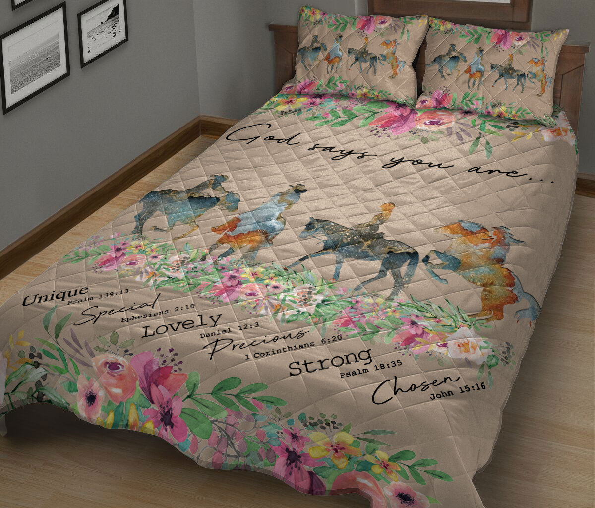 Cowgirl Quilt Set, Cow Girl Horse God Says You Are Floral Quilt Blanket With Pillowcases, Quilt Bedding Set