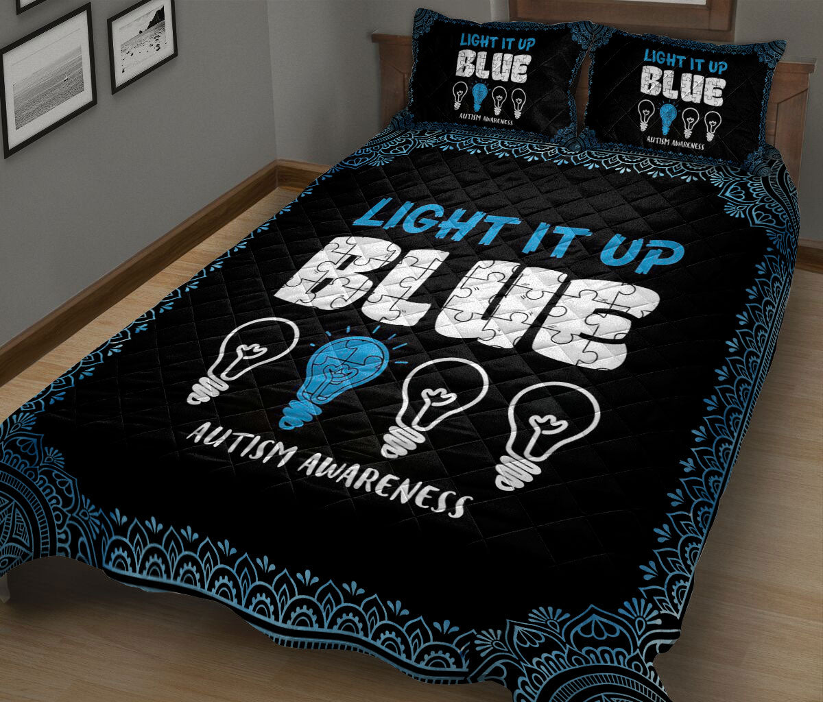 Autism Quilt Set, Autism Awareness Asd Light It Up Blue Support Quilt Blanket With Pillowcases, Quilt Bedding Set