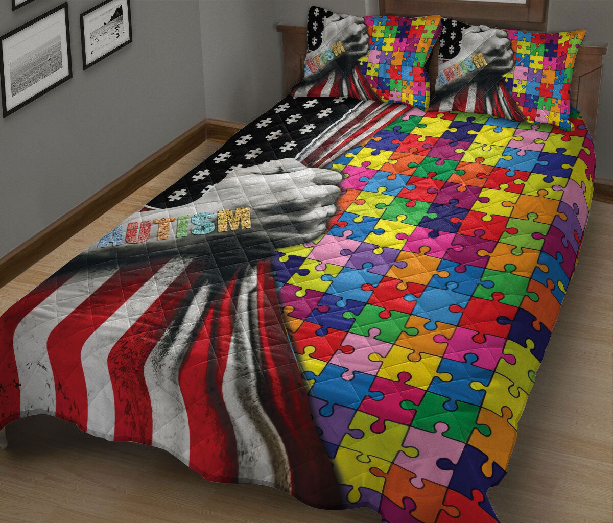 Autism Quilt Set, Autism Awareness Asd American Us Flag Support Quilt Blanket With Pillowcases, Quilt Bedding Set