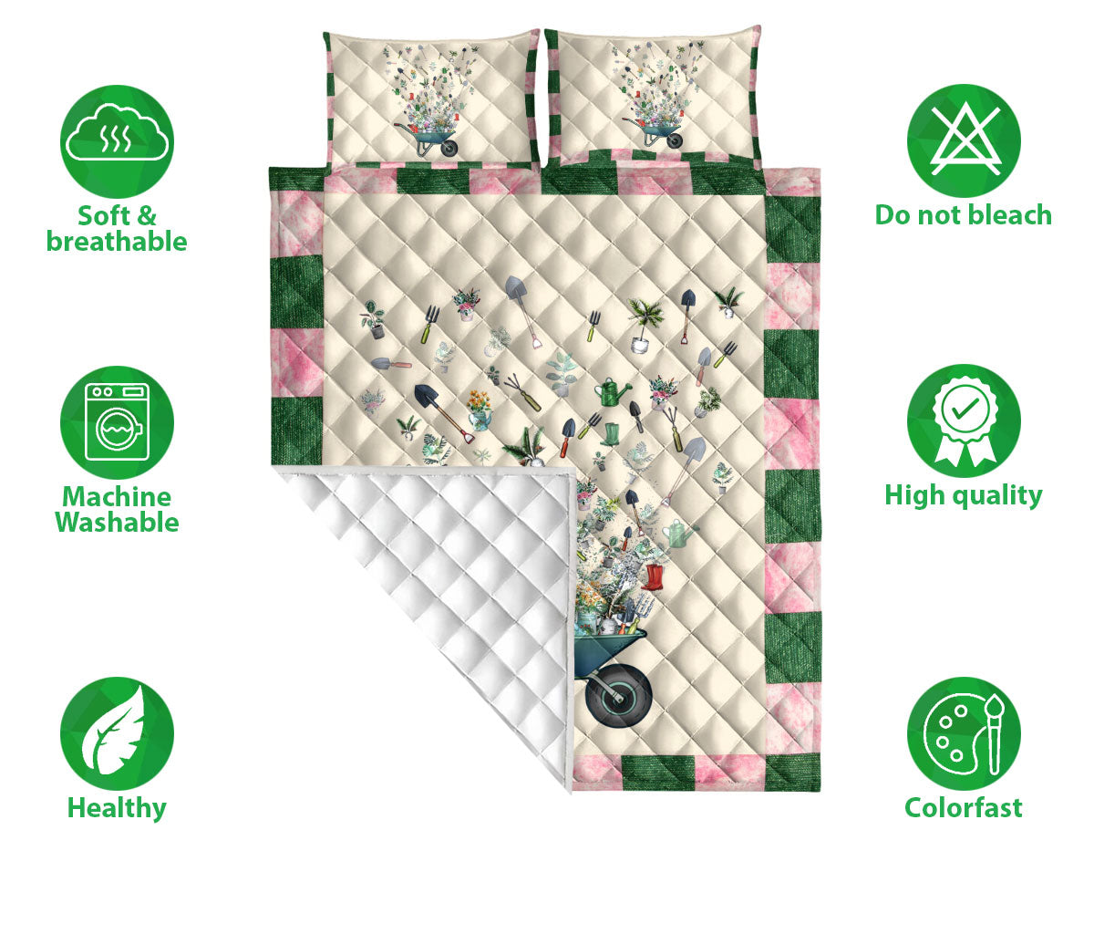 Gardening Quilt Set, Garden Flower Tree Gardenings Green Beige Quilt Blanket With Pillowcases, Quilt Bedding Set