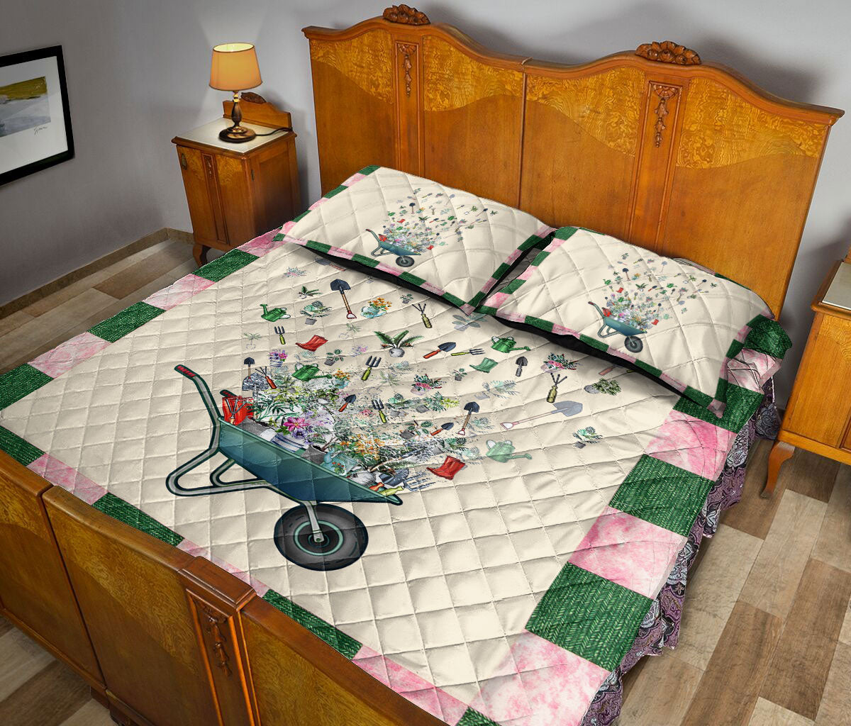 Gardening Quilt Set, Garden Flower Tree Gardenings Green Beige Quilt Blanket With Pillowcases, Quilt Bedding Set