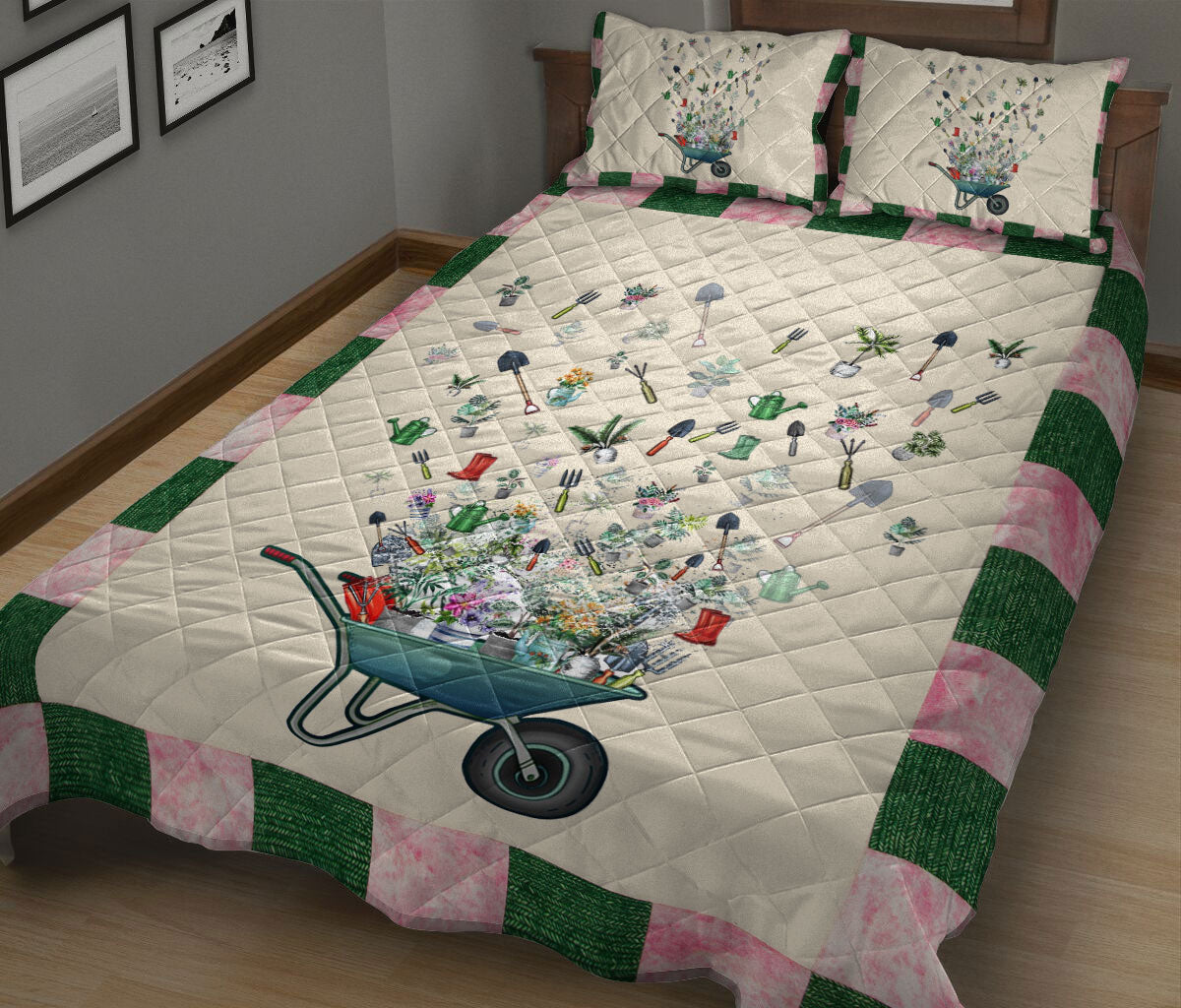 Gardening Quilt Set, Garden Flower Tree Gardenings Green Beige Quilt Blanket With Pillowcases, Quilt Bedding Set