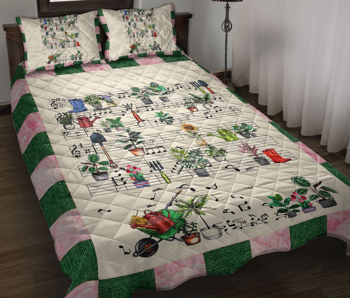 Gardening Quilt Set, Garden Flower Tree Music Note Gardenings Green Beige Quilt Blanket With Pillowcases, Quilt Bedding Set