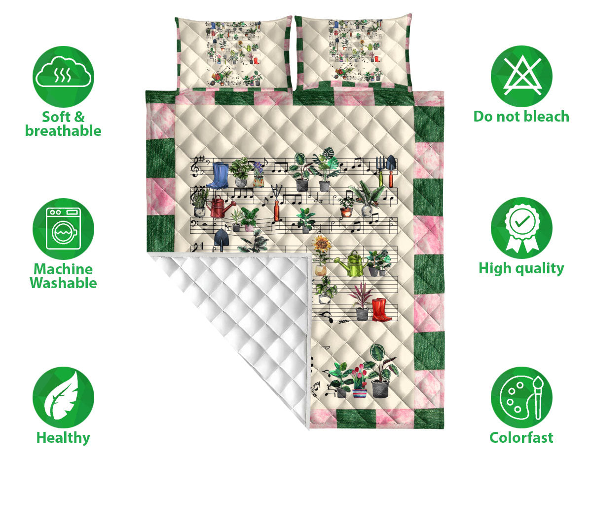 Gardening Quilt Set, Garden Flower Tree Music Note Gardenings Green Beige Quilt Blanket With Pillowcases, Quilt Bedding Set