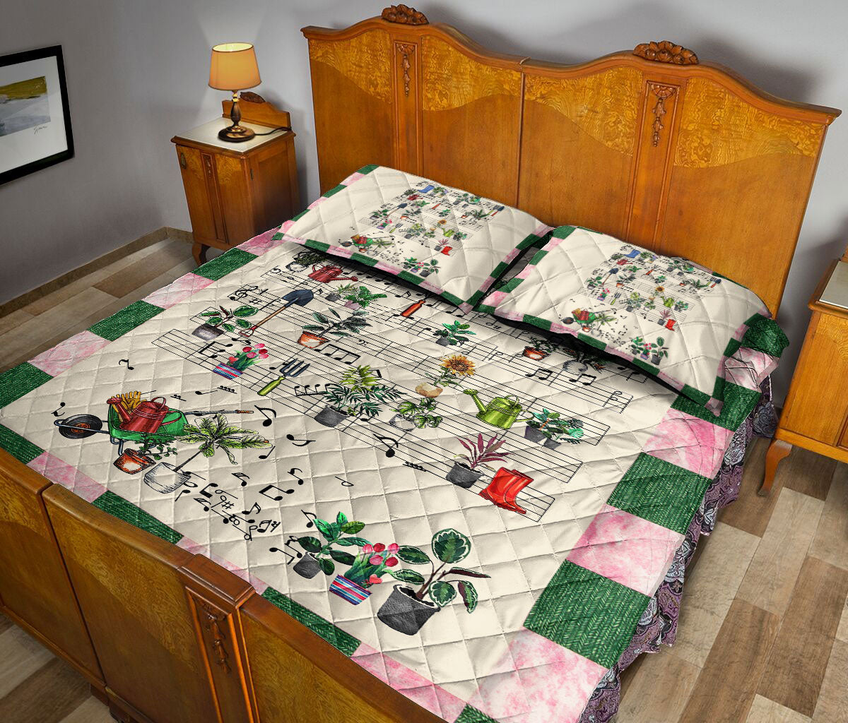 Gardening Quilt Set, Garden Flower Tree Music Note Gardenings Green Beige Quilt Blanket With Pillowcases, Quilt Bedding Set