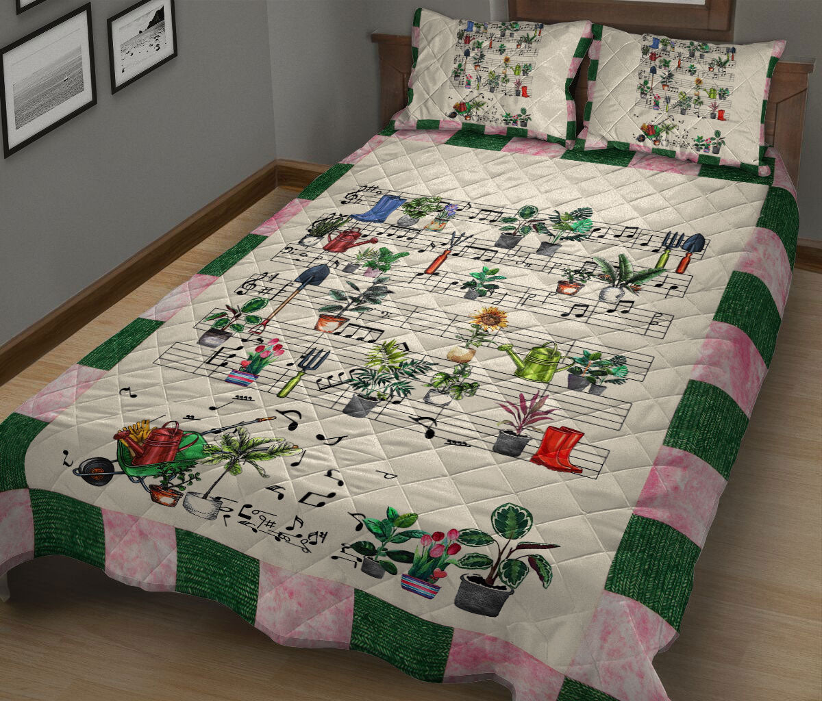 Gardening Quilt Set, Garden Flower Tree Music Note Gardenings Green Beige Quilt Blanket With Pillowcases, Quilt Bedding Set