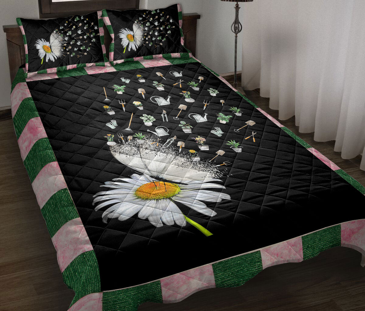 Gardening Quilt Set, Garden Daisy Flower Floral Gardenings Green Black Quilt Blanket With Pillowcases, Quilt Bedding Set