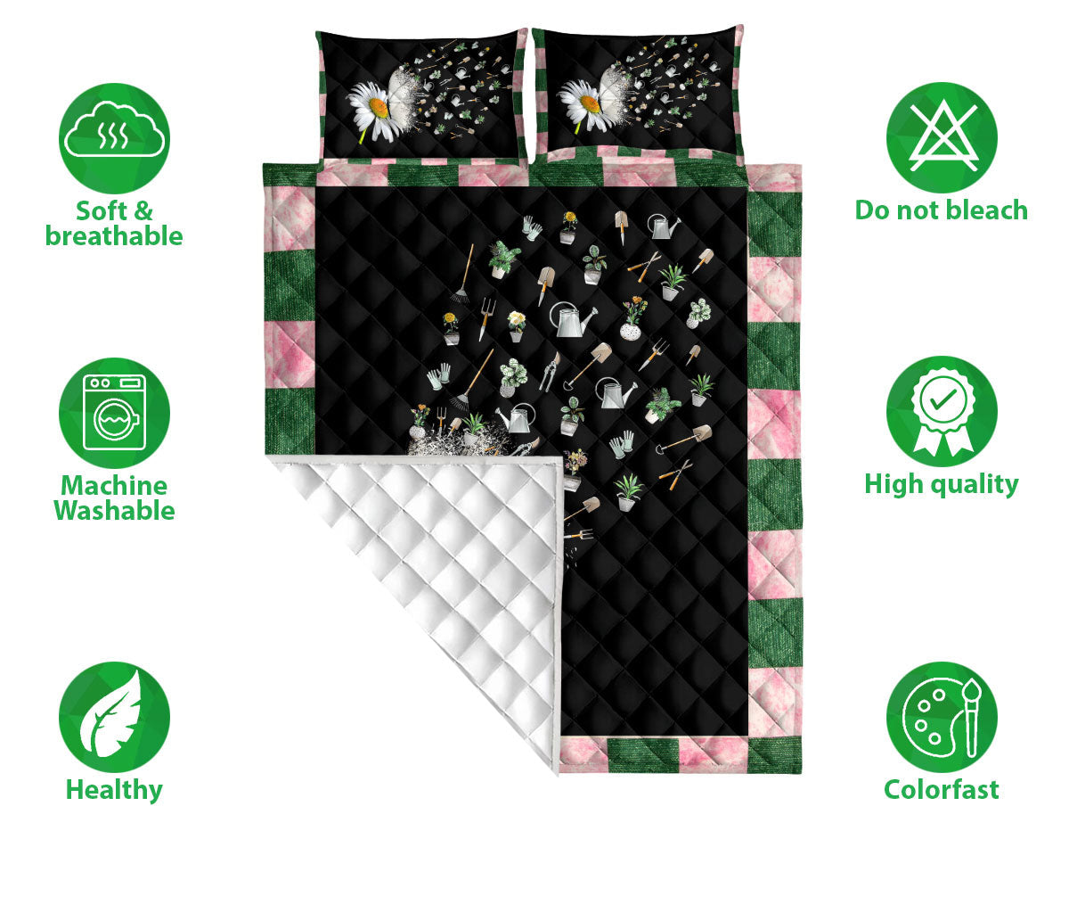 Gardening Quilt Set, Garden Daisy Flower Floral Gardenings Green Black Quilt Blanket With Pillowcases, Quilt Bedding Set