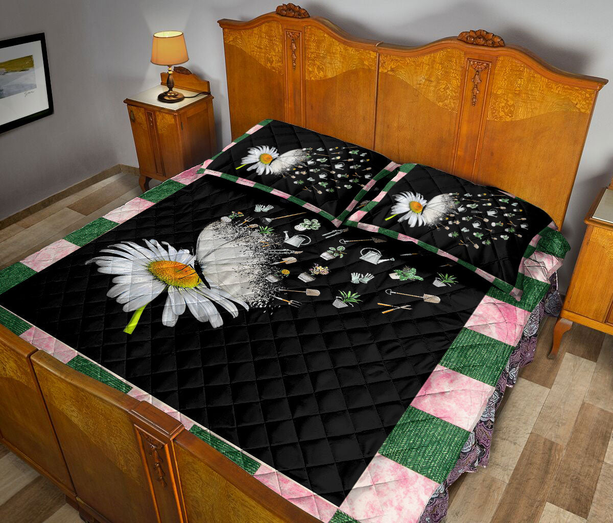 Gardening Quilt Set, Garden Daisy Flower Floral Gardenings Green Black Quilt Blanket With Pillowcases, Quilt Bedding Set