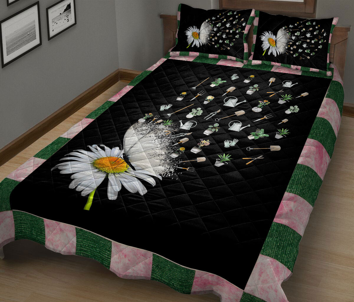 Gardening Quilt Set, Garden Daisy Flower Floral Gardenings Green Black Quilt Blanket With Pillowcases, Quilt Bedding Set