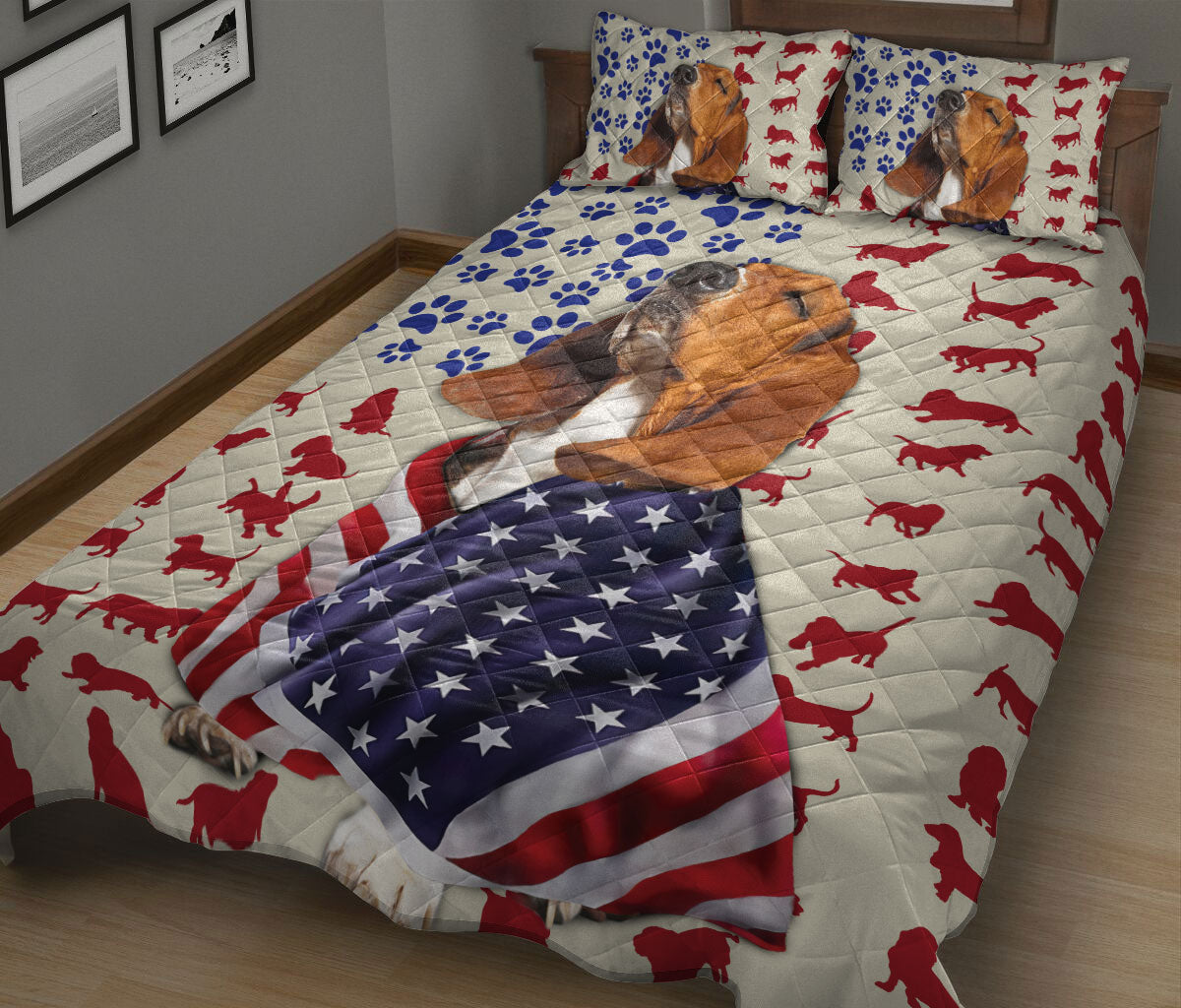 Basset Hound Quilt Set, Basset Hound Patriotic Us Flag Dog Quilt Blanket With Pillowcases, Quilt Bedding Set