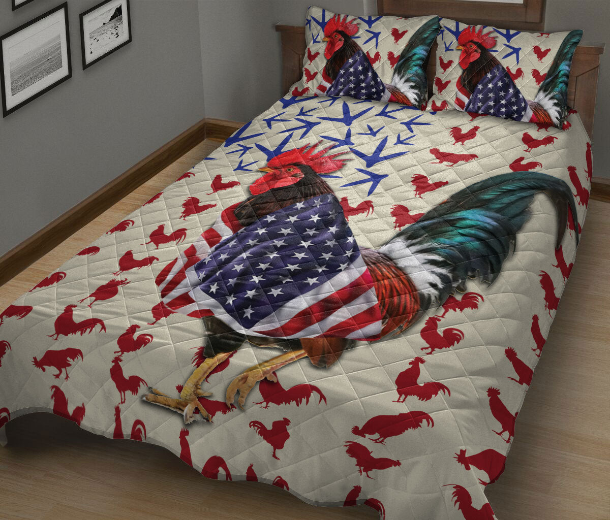 Chicken Quilt Set, Chicken Rooster Patriotic Us Flag Quilt Blanket With Pillowcases, Quilt Bedding Set