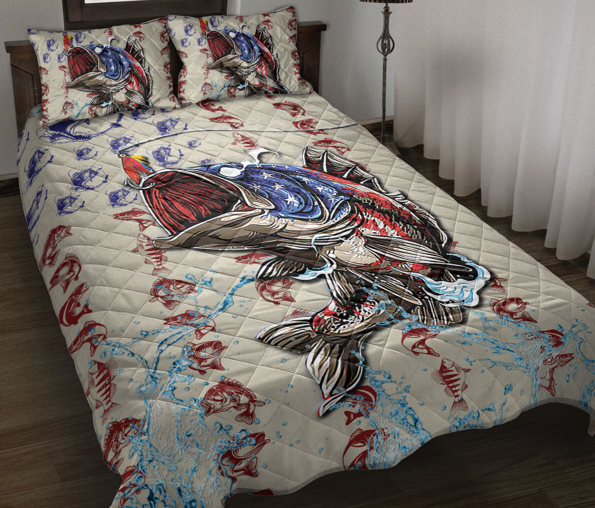 Fishing Quilt Set, Fishing Big Bass Fish Us Flag Quilt Blanket With Pillowcases, Quilt Bedding Set