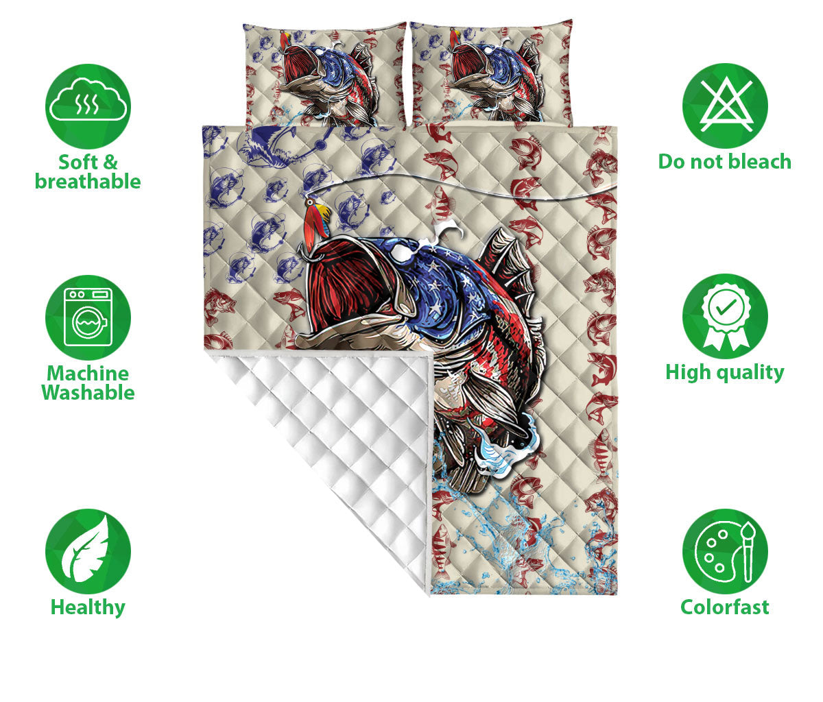 Fishing Quilt Set, Fishing Big Bass Fish Us Flag Quilt Blanket With Pillowcases, Quilt Bedding Set