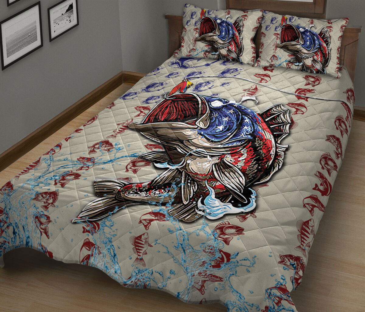 Fishing Quilt Set, Fishing Big Bass Fish Us Flag Quilt Blanket With Pillowcases, Quilt Bedding Set
