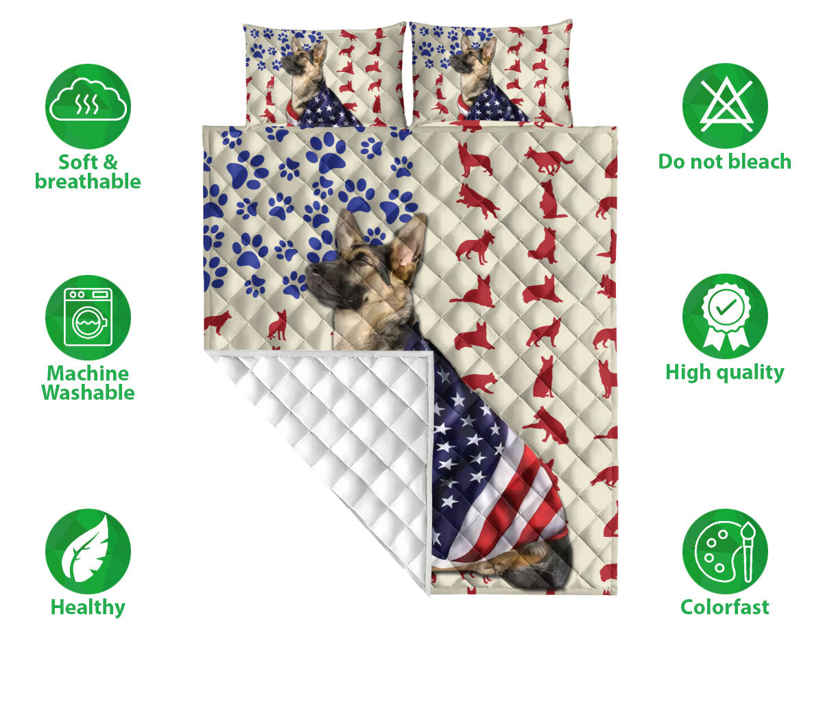 German Shepherd Quilt Set, German Shepherd Patriotic Us Flag Dog Quilt Blanket With Pillowcases, Quilt Bedding Set