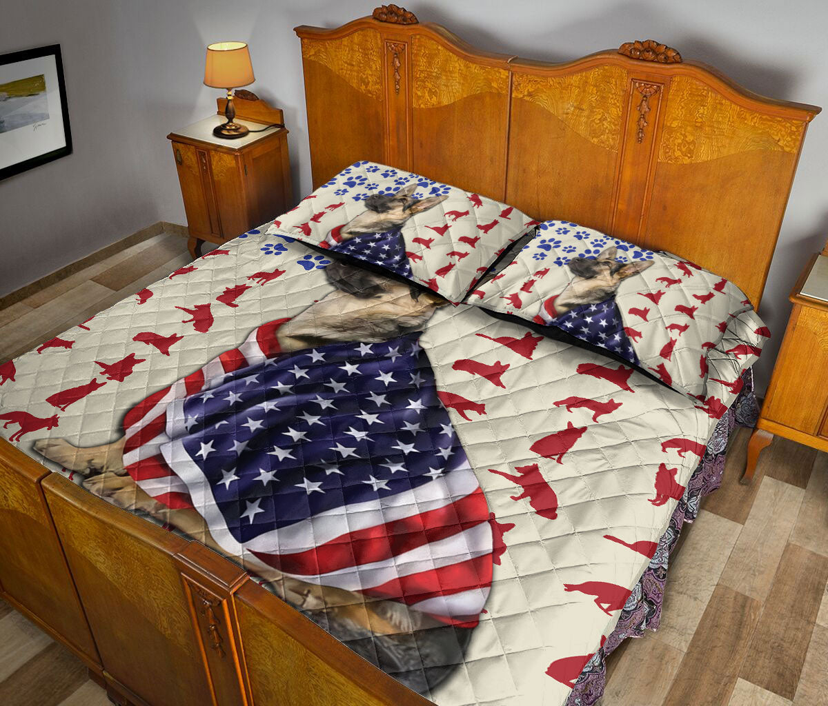 German Shepherd Quilt Set, German Shepherd Patriotic Us Flag Dog Quilt Blanket With Pillowcases, Quilt Bedding Set