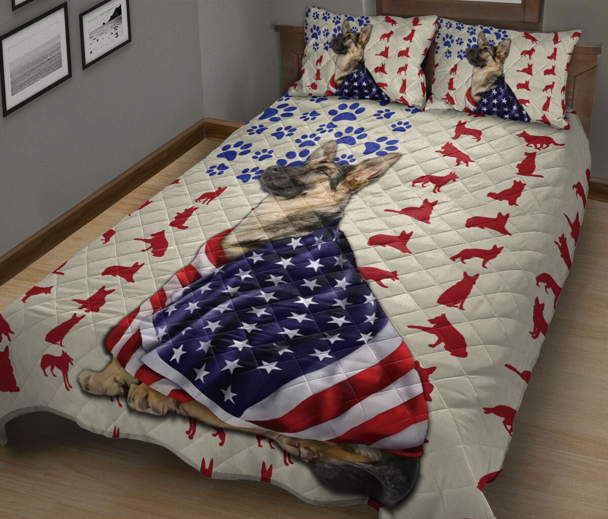German Shepherd Quilt Set, German Shepherd Patriotic Us Flag Dog Quilt Blanket With Pillowcases, Quilt Bedding Set