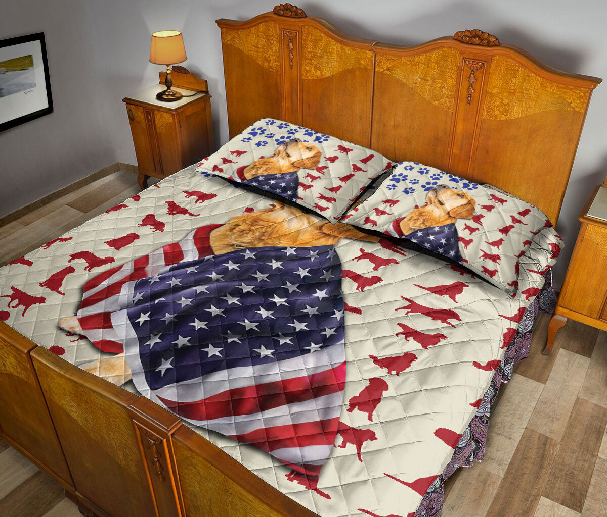 Golden Retriever Quilt Set, Golden Retriever Patriotic Us Flag Dog Quilt Blanket With Pillowcases, Quilt Bedding Set