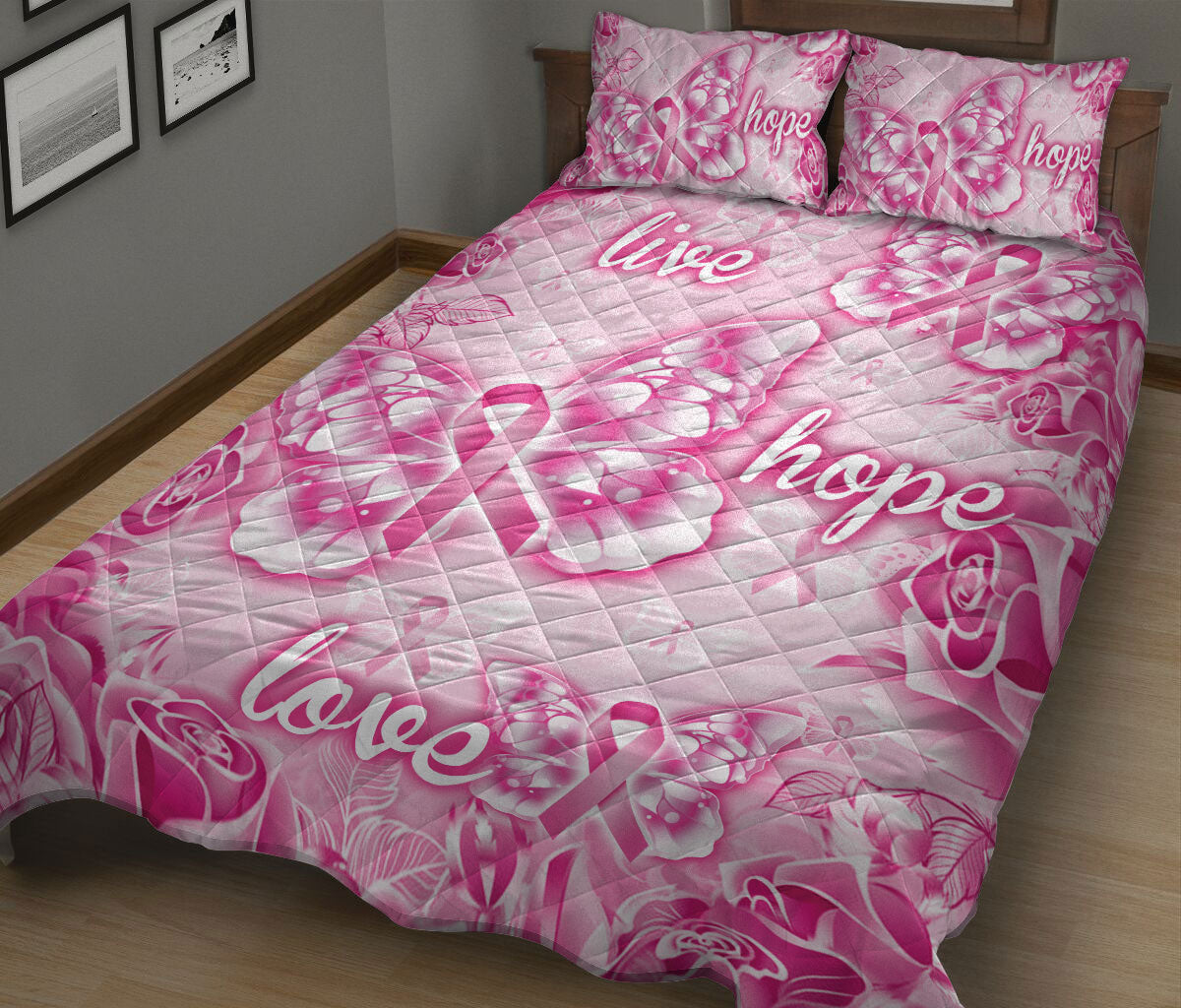 Breast Cancer Quilt Set, Breast Cancer Awareness Hope Pink Butterfly Get Well Soons Quilt Blanket With Pillowcases, Quilt Bedding Set