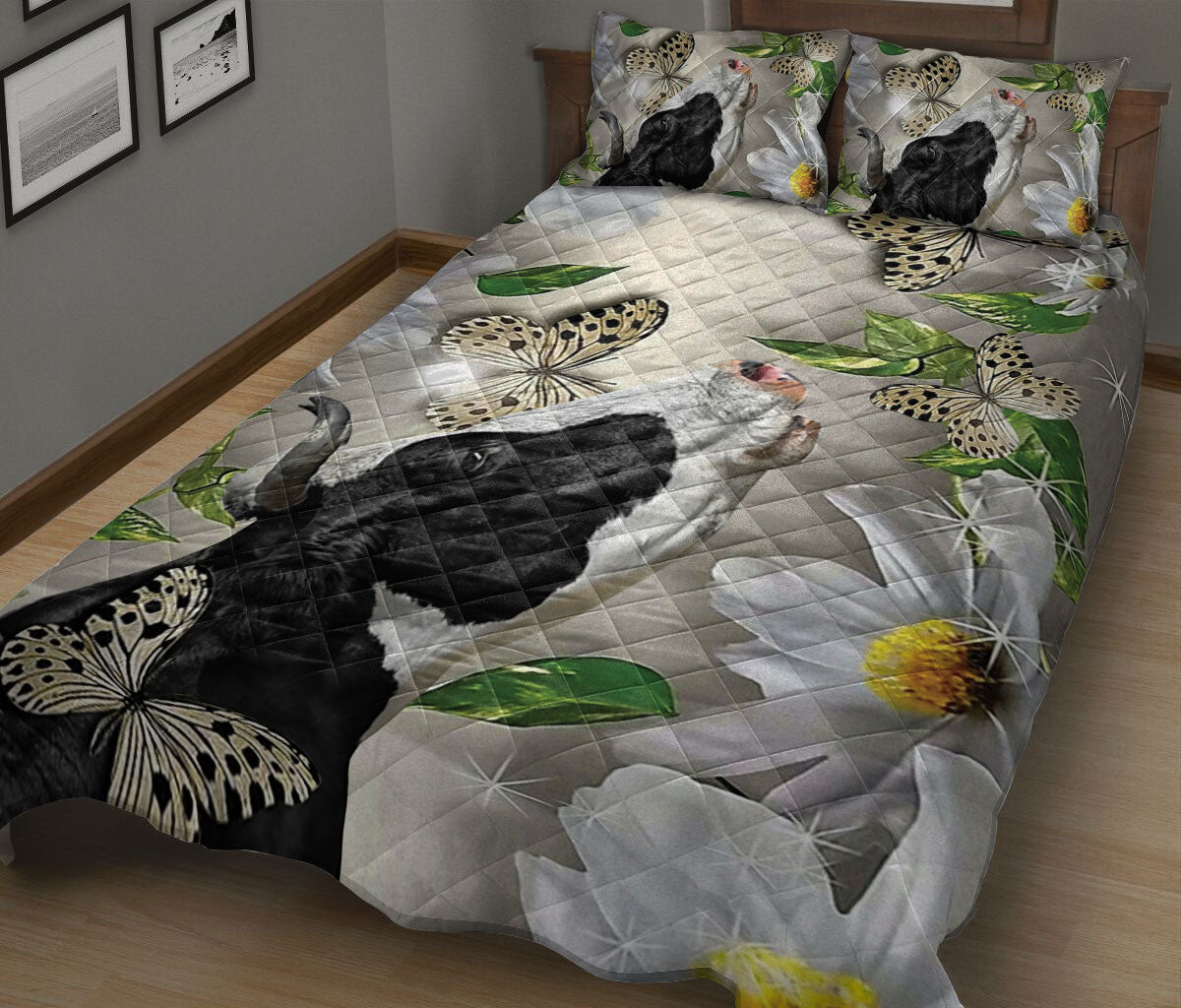 Cattle Quilt Set, Dairy Cow Cattle Butterfly Daisy Floral Quilt Blanket With Pillowcases, Quilt Bedding Set
