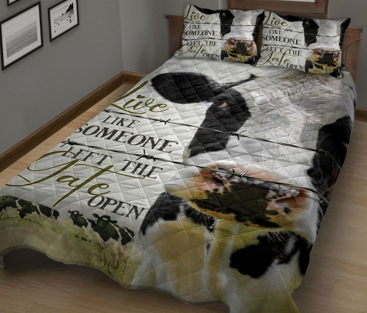 Cattle Quilt Set, Dairy Cow Cattle Live Like Someone Left The Gate Open Quilt Blanket With Pillowcases, Quilt Bedding Set