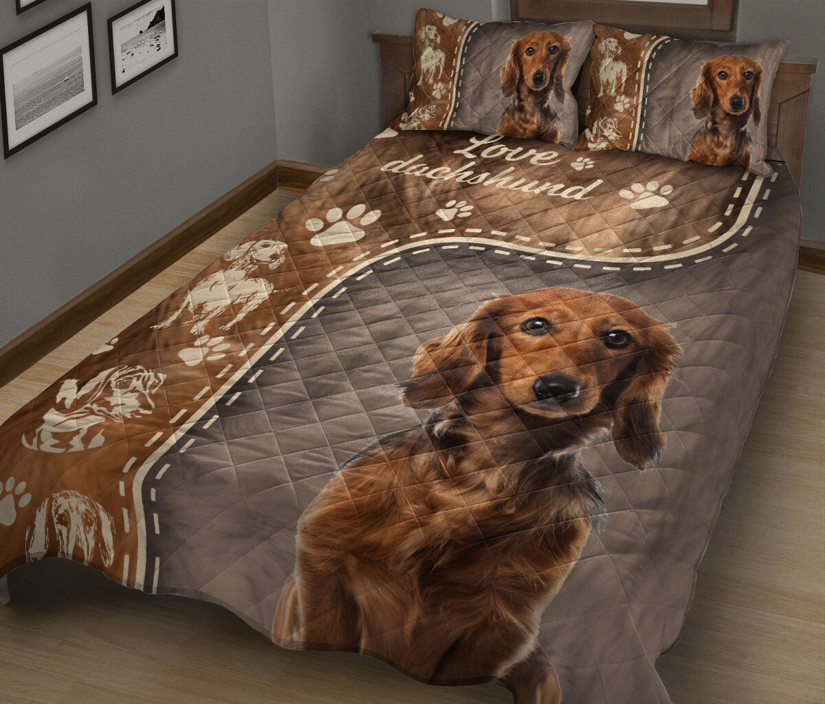 Dachshund Quilt Set, Love Dachshund Weiner Doxie Dog Dog Quilt Blanket With Pillowcases, Quilt Bedding Set
