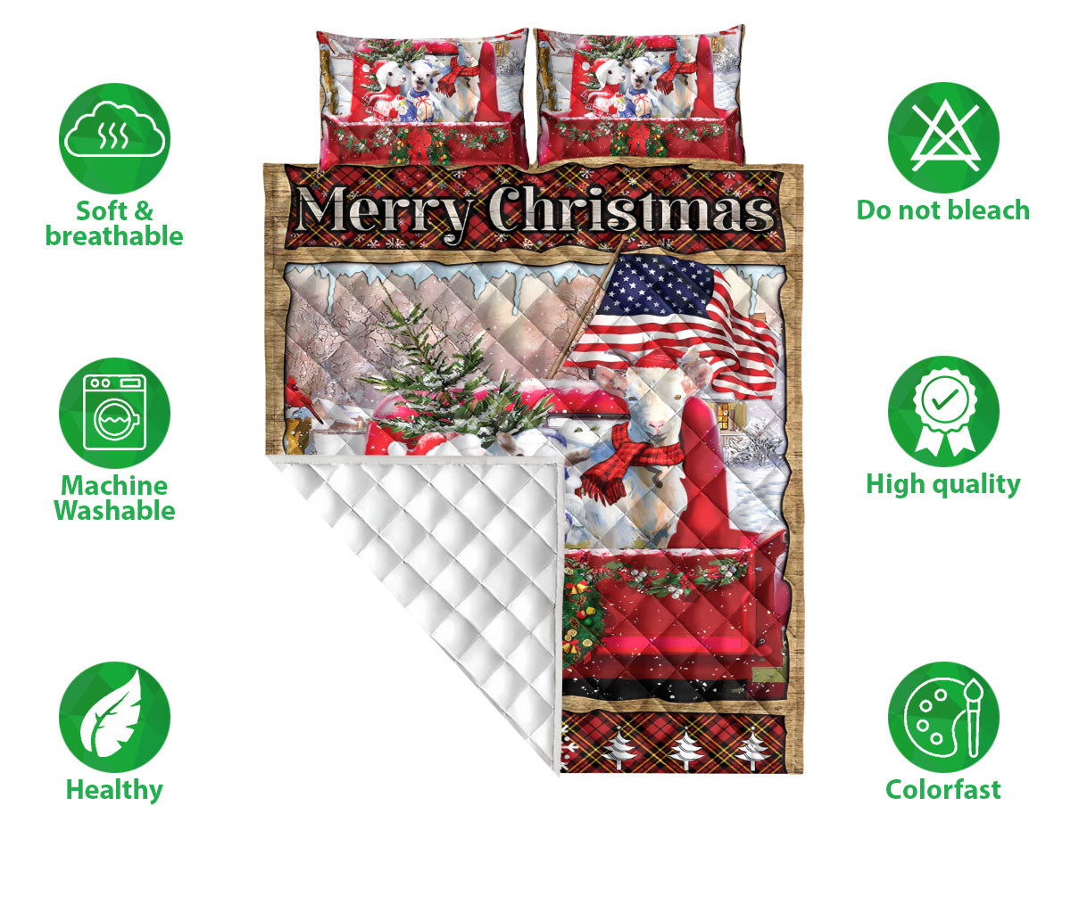 Goat Quilt Set, Cute Goat Red Truck Merrymas Quilt Blanket With Pillowcases, Quilt Bedding Set, Christmas Gift