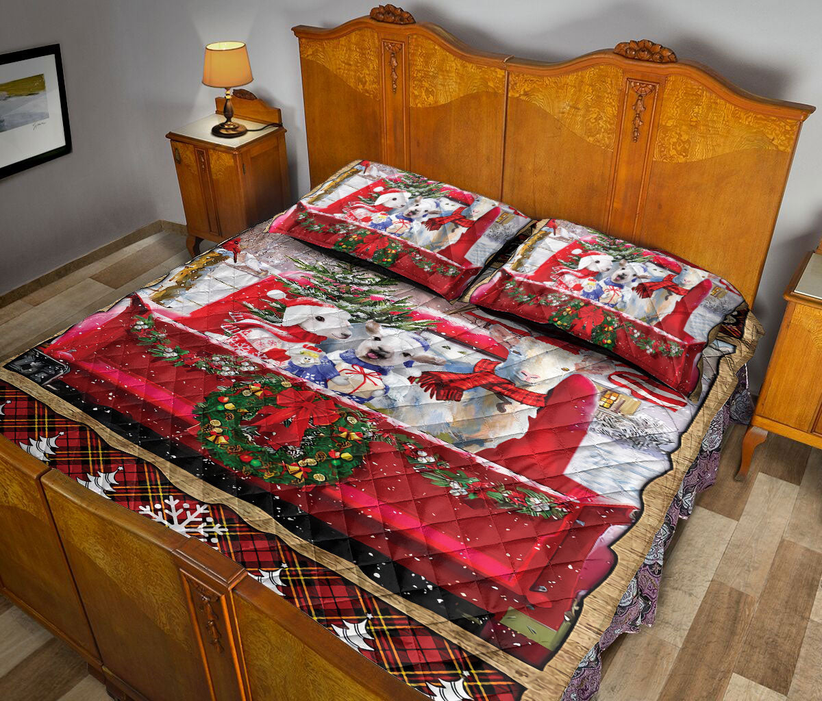 Goat Quilt Set, Cute Goat Red Truck Merrymas Quilt Blanket With Pillowcases, Quilt Bedding Set, Christmas Gift