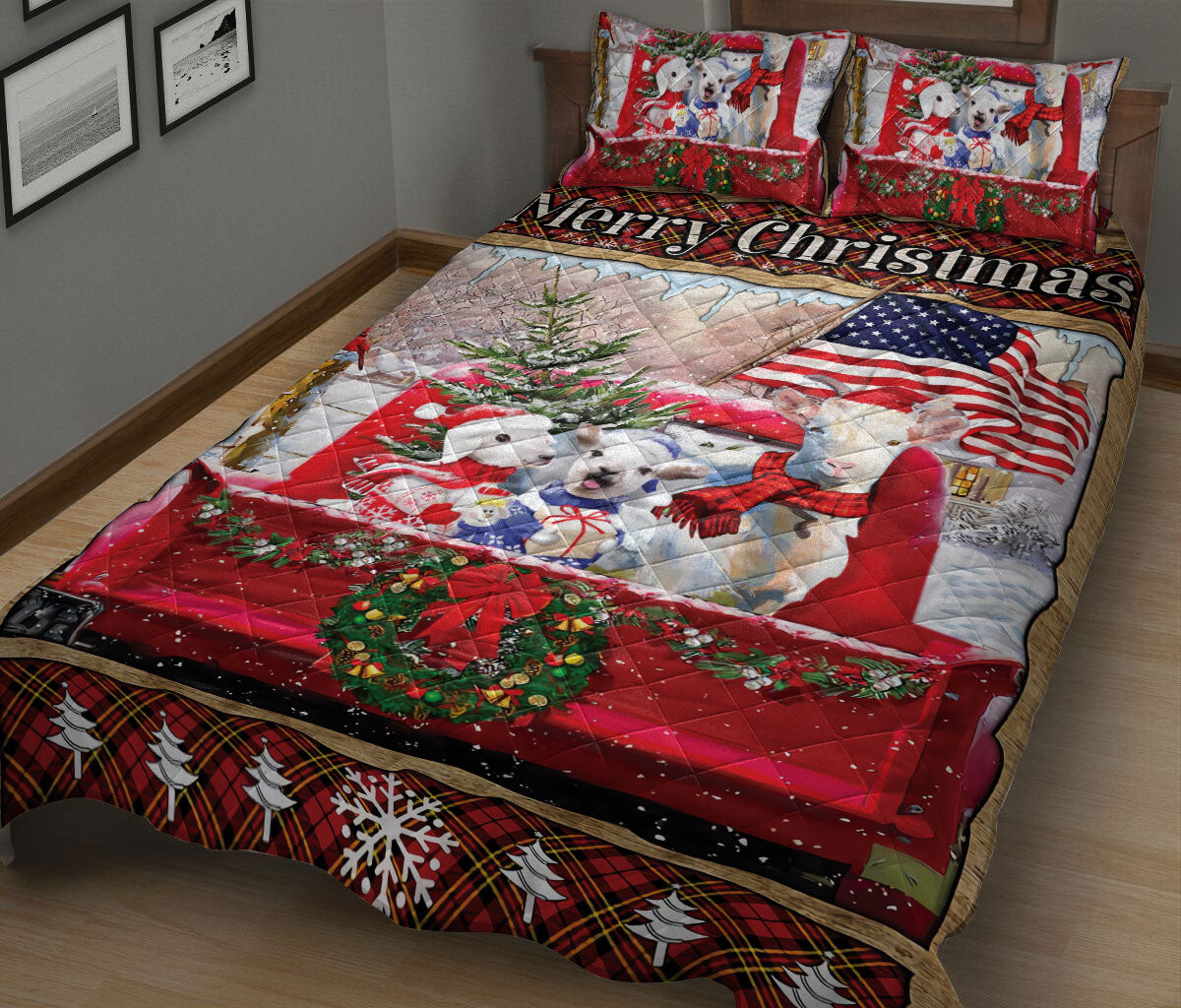 Goat Quilt Set, Cute Goat Red Truck Merrymas Quilt Blanket With Pillowcases, Quilt Bedding Set, Christmas Gift