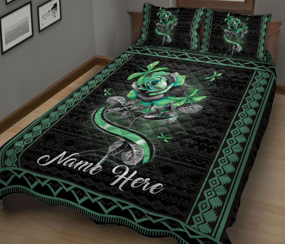 Personalized Dragon Quilt Set, Dragonfly Green Rose Flower Floral Quilt Blanket With Pillowcases, Custom Name Quilt Bedding Set